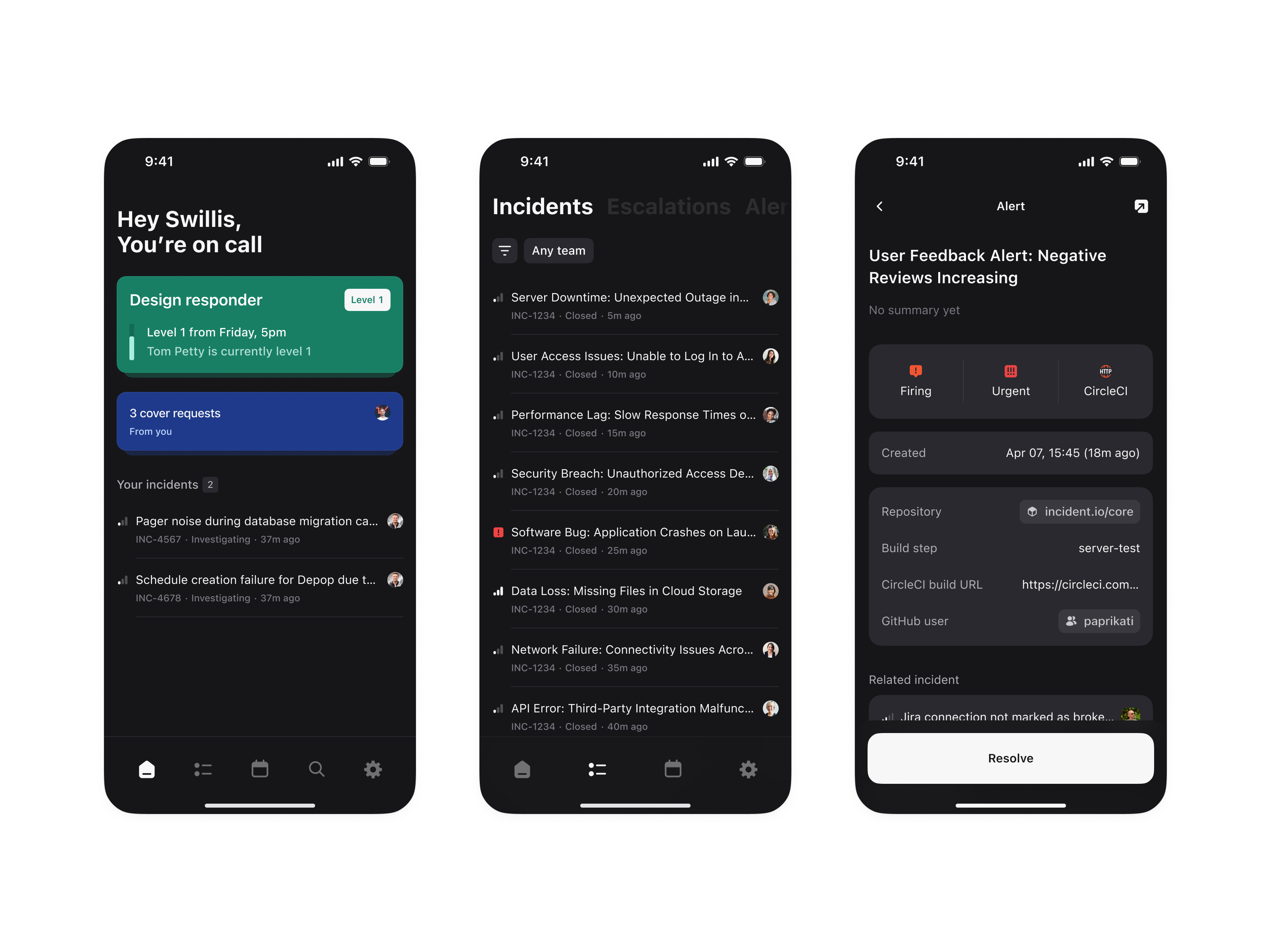 on-call-app-dark.png: Sample screens from the on-call app — switch theme to see light/dark examples