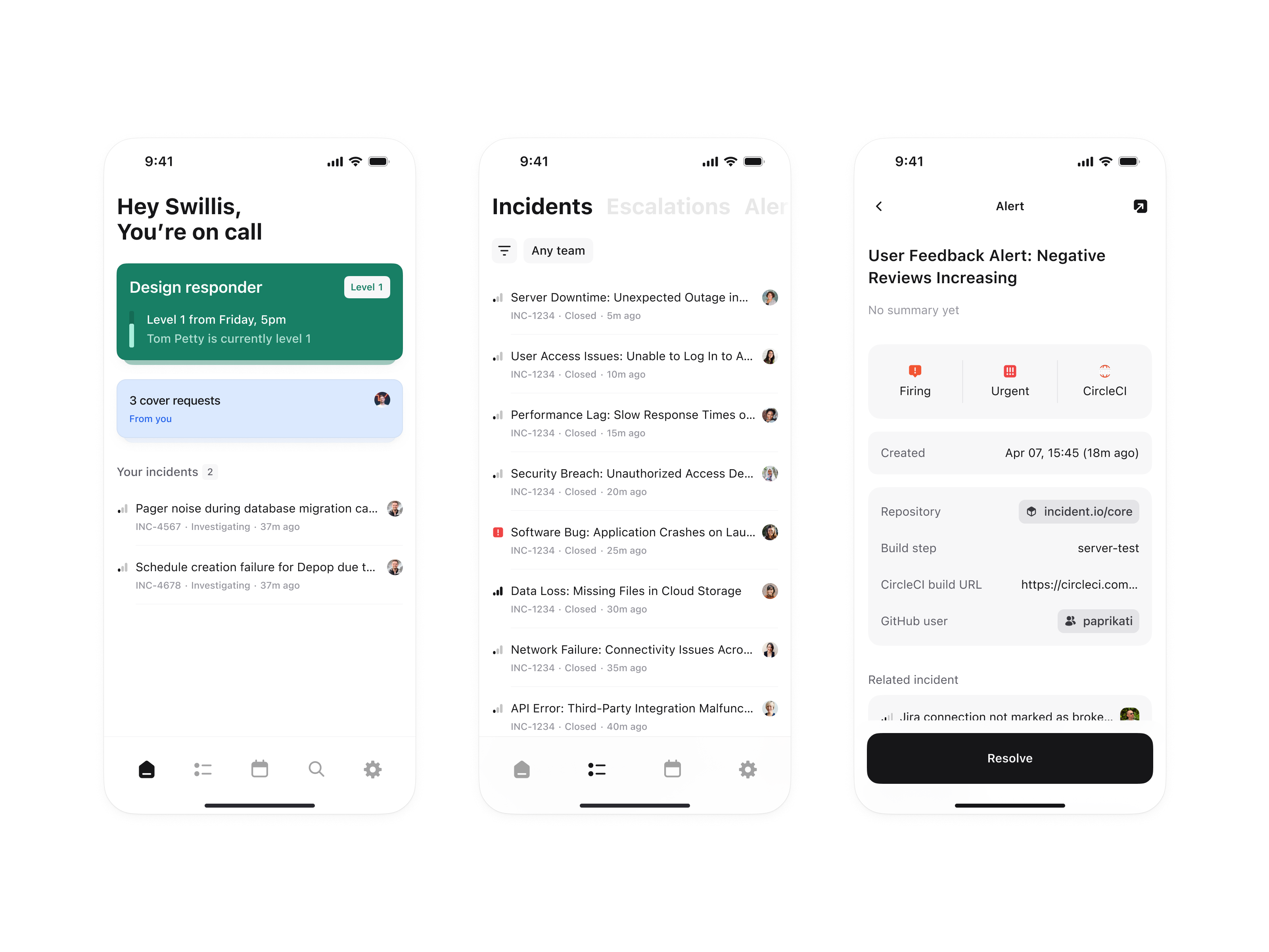 on-call-app-dark.png: Sample screens from the on-call app — switch theme to see light/dark examples