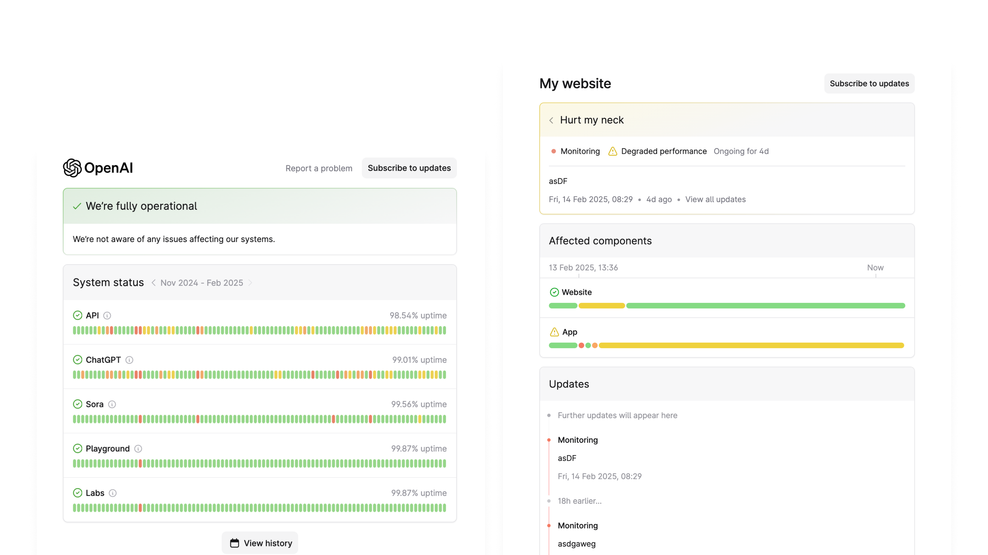 status-pages-before.png: Status Pages before: tired gradients and noticeable divergence from the rest of our product suite